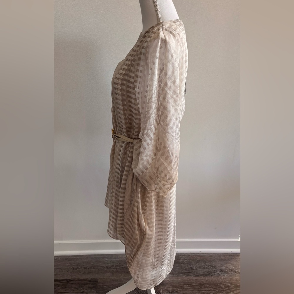 Halston Heritage Cream-Ivory Sheer Checked Tunic with Belt - Picture 11 of 12